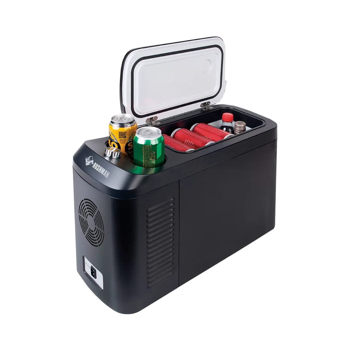 Bushman Roadie 15L portable fridge freezer with the lid open, food inside and cans in the cup holders.