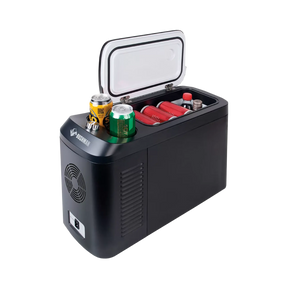 Bushman Roadie 15L portable fridge freezer with the lid open, food inside and cans in the cup holders.