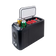 Bushman Roadie 15L portable fridge freezer with the lid open, food inside and cans in the cup holders.