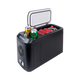Bushman Roadie 15L portable fridge freezer with the lid open, food inside and cans in the cup holders.