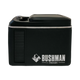 Bushman Roadie 15L portable fridge freezer side view with a white logo, ventilation slots and carry bag.