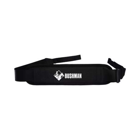 Black padded shoulder strap for the Bushman Roadie 15L portable fridge freezer, with white branding.