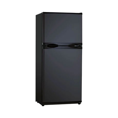 Bushman 190L black upright fridge front left view with both doors closed and black handles.