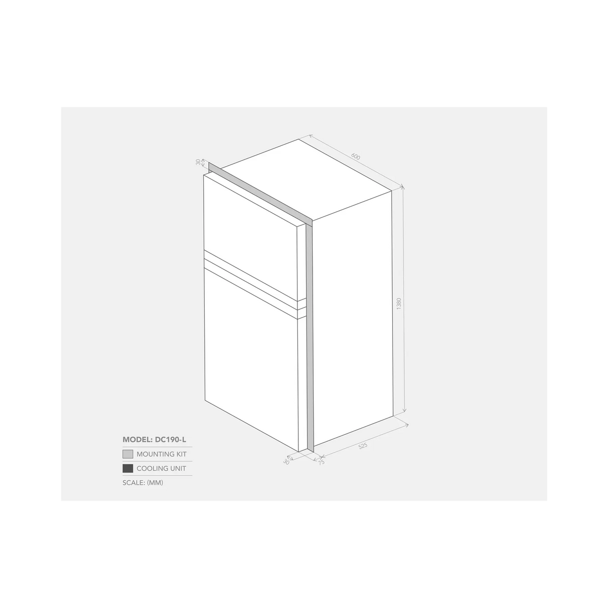 Bushman 190L upright fridge dimension drawing with height, width, depth and mounting frame measurements.