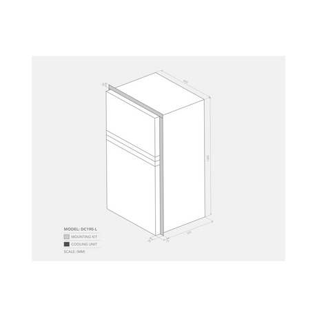 Bushman 190L upright fridge dimension drawing with height, width, depth and mounting frame measurements.