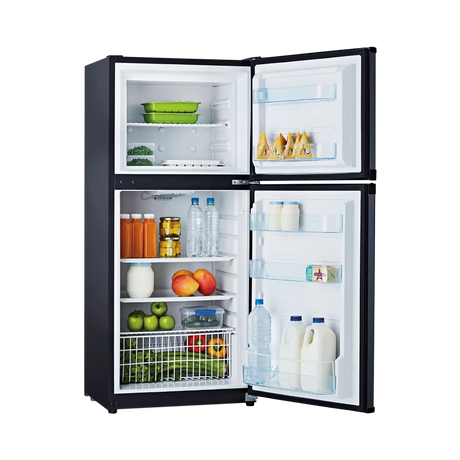 Bushman 190L black upright fridge fully open with an upper freezer, stocked shelves and door racks.