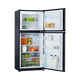 Bushman 190L black upright fridge fully open with an upper freezer, stocked shelves and door racks.