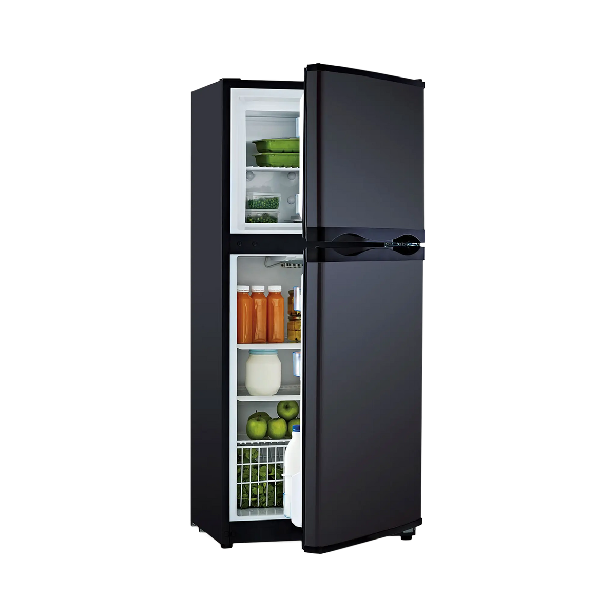 Bushman 190L black upright fridge with both doors partly open and food visible inside.