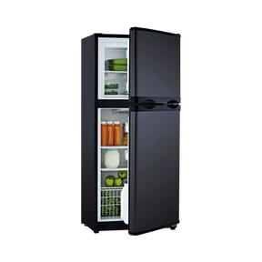 Bushman 190L black upright fridge with both doors partly open and food visible inside.
