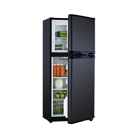 Bushman 190L black upright fridge with both doors partly open and food visible inside.