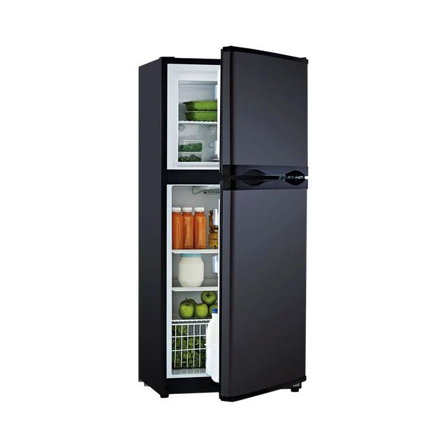 Bushman 190L black upright fridge with both doors partly open and food visible inside.