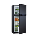Bushman 190L black upright fridge with both doors partly open and food visible inside.