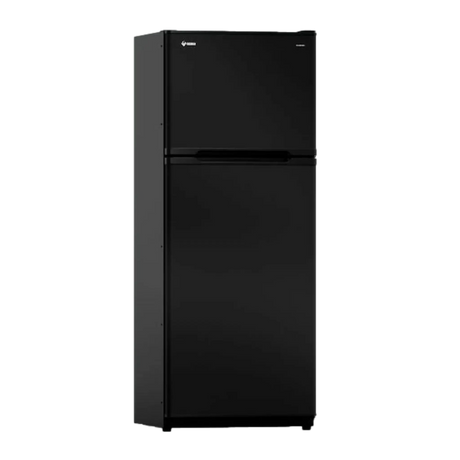 Bushman 225L black upright fridge front view with both doors closed.
