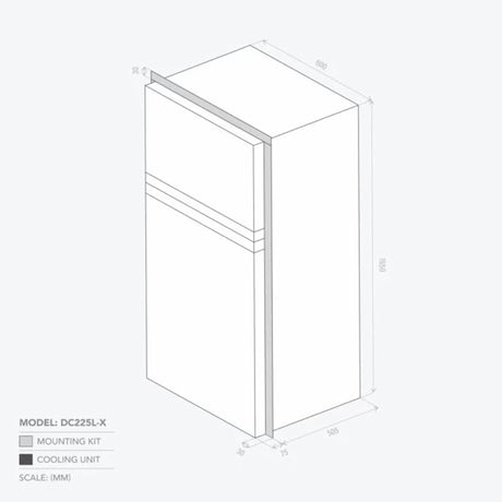 Bushman 225L black upright fridge dimension diagram with mounting kit and cooling unit notes.