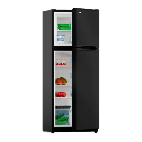 Bushman 225L black upright fridge front view with doors partly open to show interior shelves.