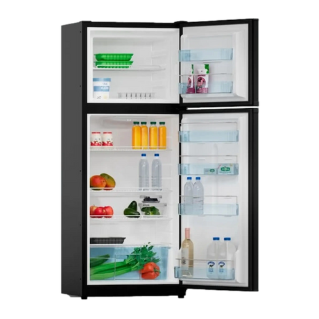 Bushman 225L black upright fridge with both doors open and stocked interior shelves.