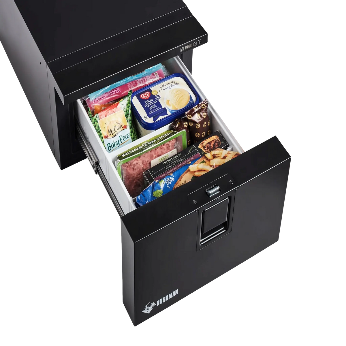 Bushman DF30-HD drawer fridge freezer front-left view with drawer open and food inside.