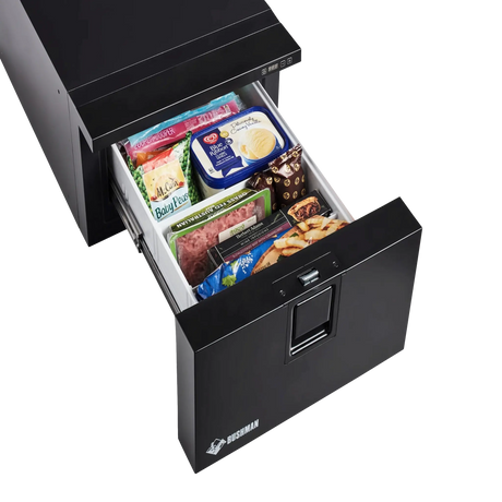 Bushman DF30-HD drawer fridge freezer front-left view with drawer open and food inside.