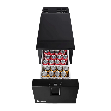 Bushman DF30-HD drawer fridge freezer front view with drawer open and cans inside.