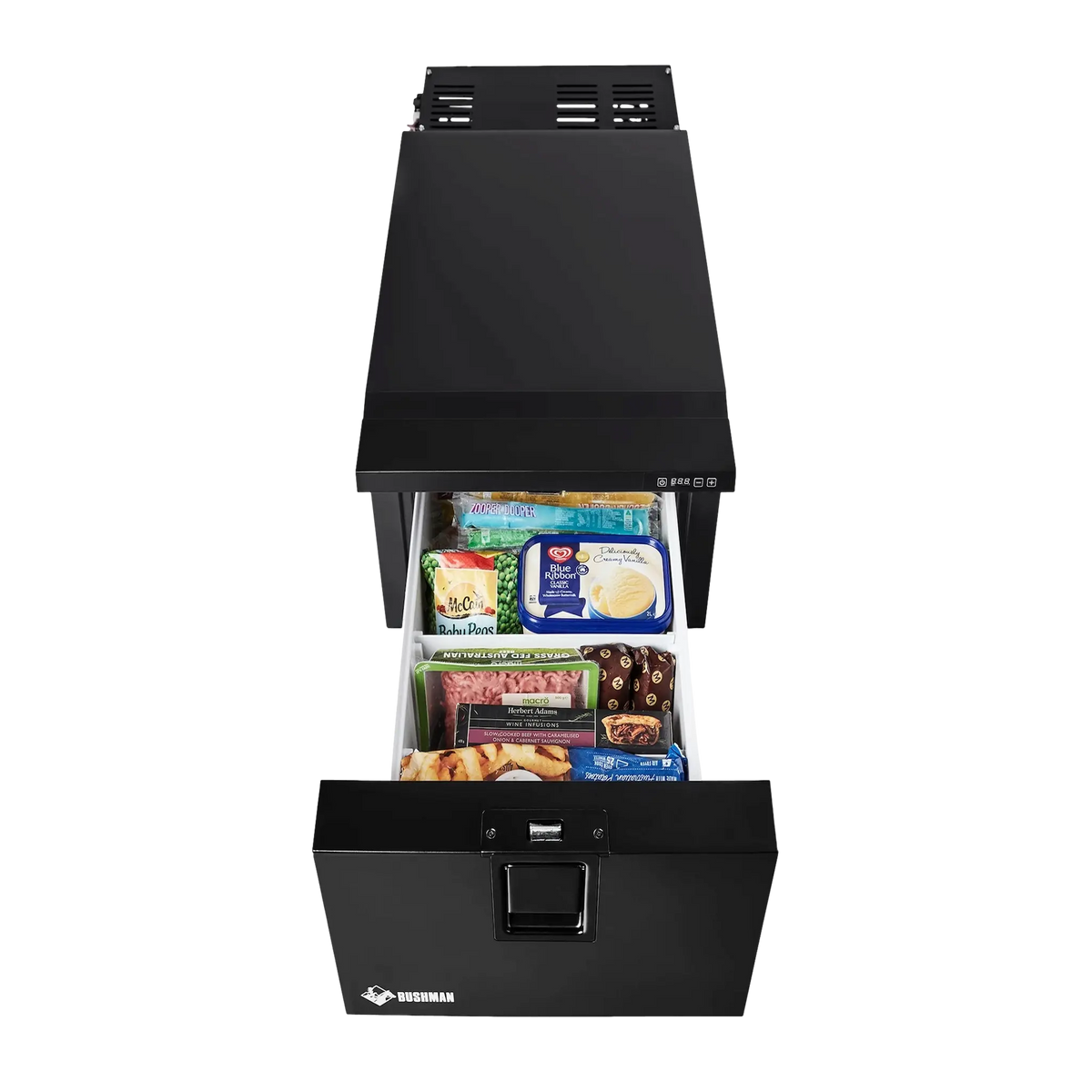 Bushman DF30-HD drawer fridge freezer front view with drawer open and food inside.