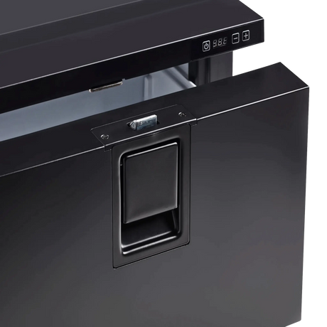 Bushman DF30-HD drawer fridge freezer handle and latch close-up.
