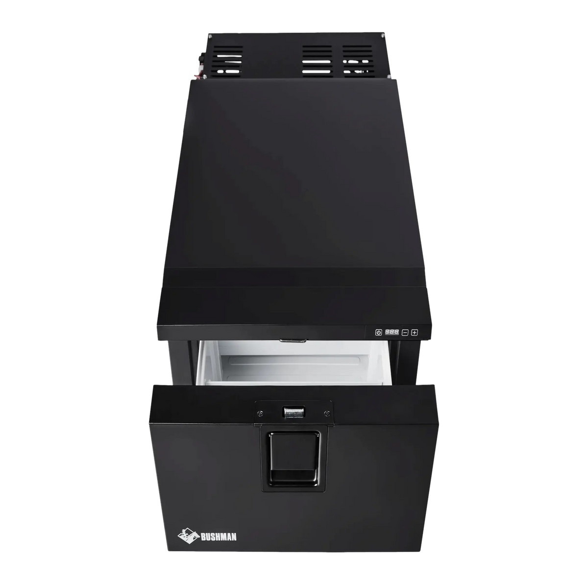 Bushman DF30-HD drawer fridge freezer front view with empty drawer open.