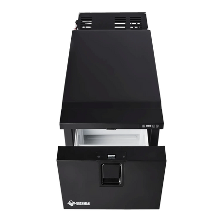 Bushman DF30-HD drawer fridge freezer front view with empty drawer open.
