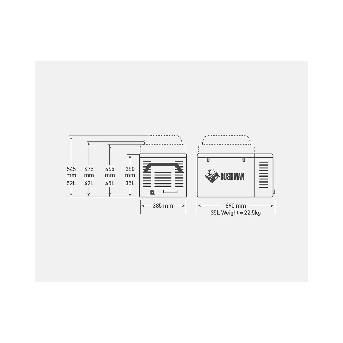 Bushman SC35-52 portable fridge freezer dimensions diagram.