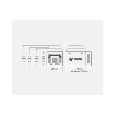 Bushman SC35-52 portable fridge freezer dimensions diagram.