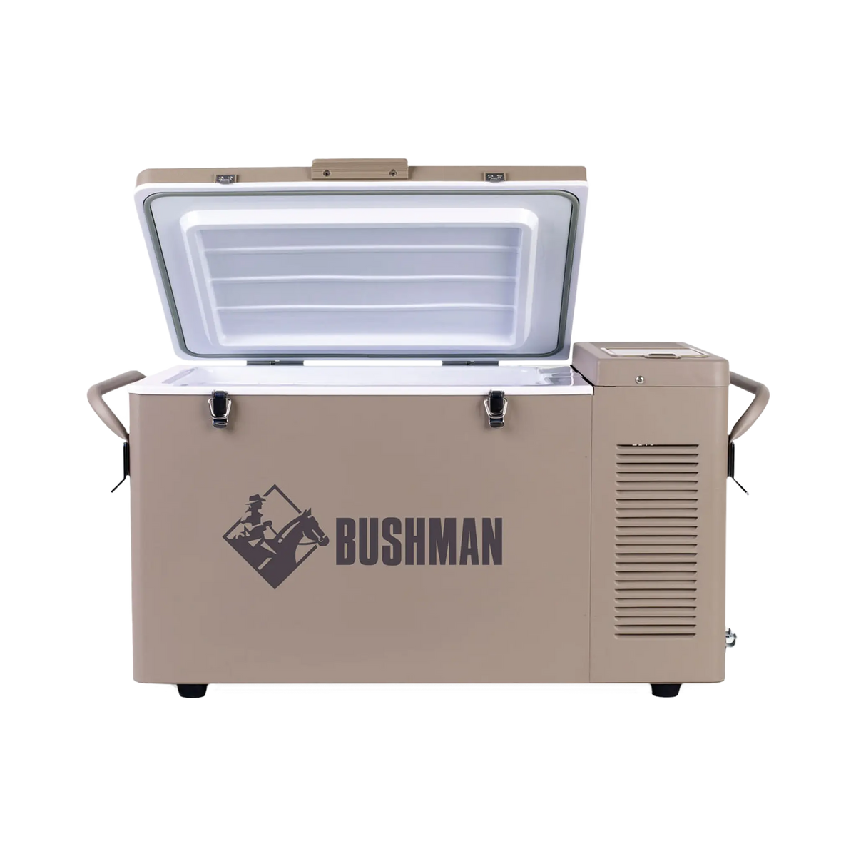 Bushman SC35 35L portable fridge freezer front view with the lid open and white lid lining visible.