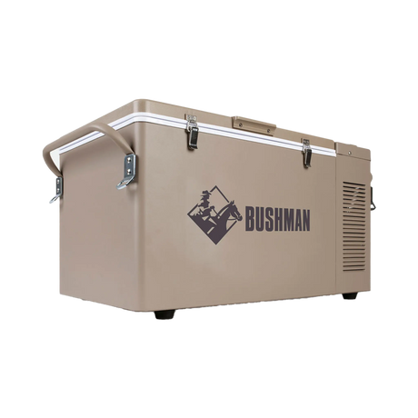 Bushman SC35 35L portable fridge freezer front left view with carrying handles, lid latches and ventilation slots.