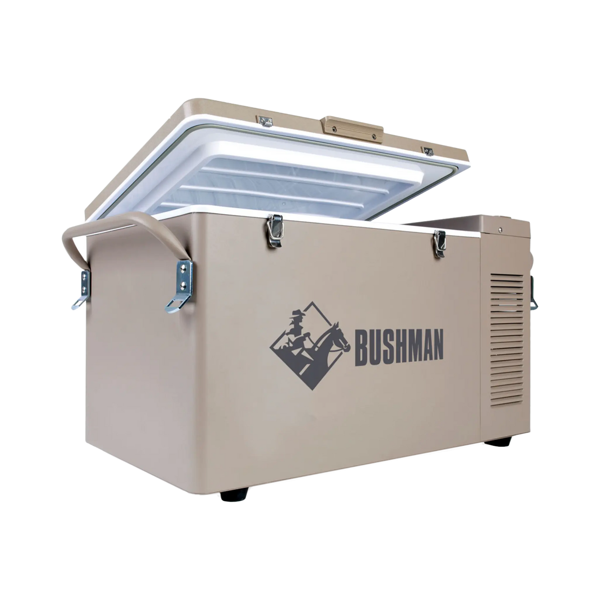 Bushman SC35 35L portable fridge freezer front left view with its lid raised and side carrying handle visible.
