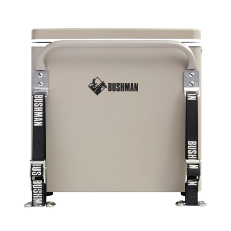 Bushman SC35 35L portable fridge freezer end view with a carrying handle and two black tie down straps.