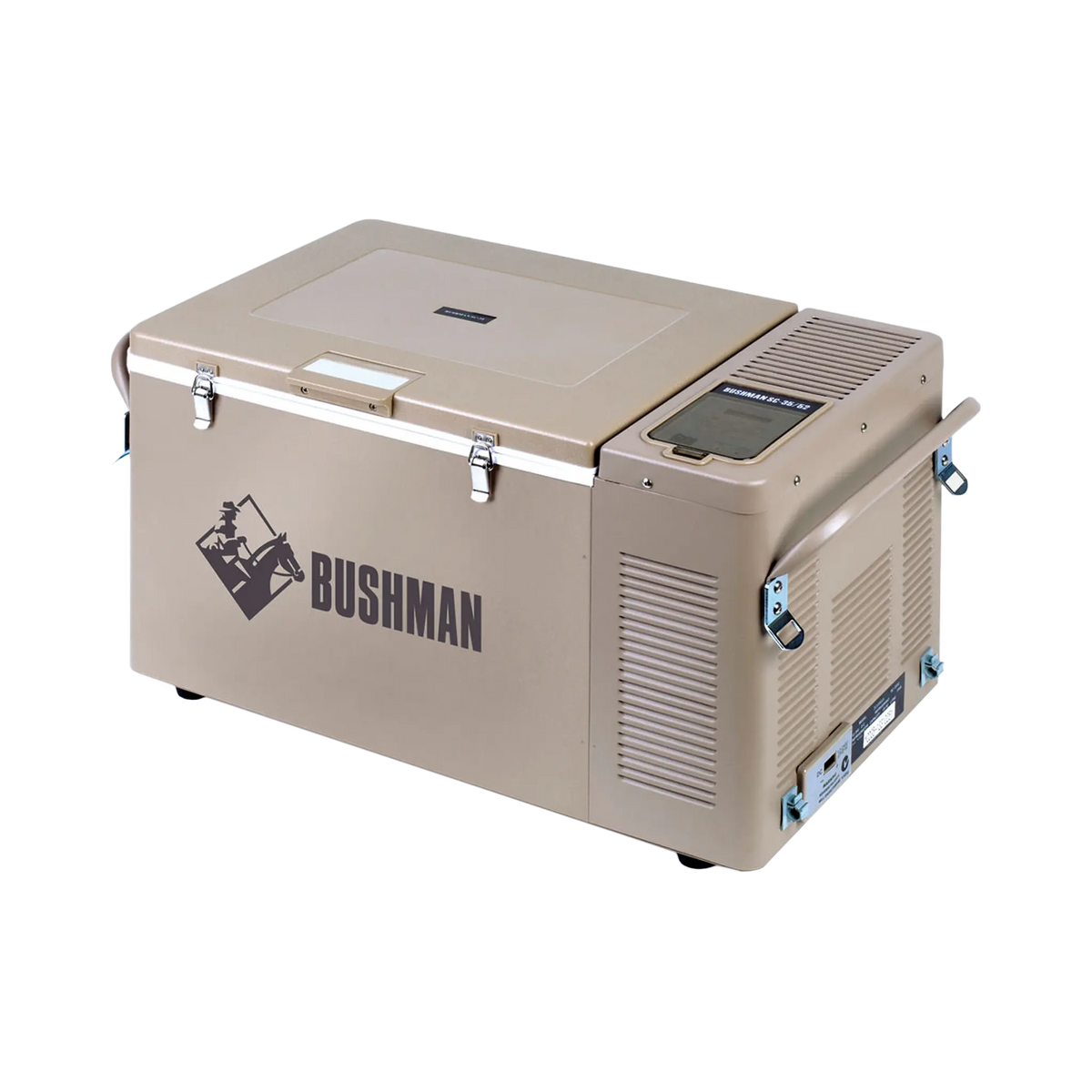 Bushman SC35 35L portable fridge freezer front right view with the lid closed and digital control panel visible.
