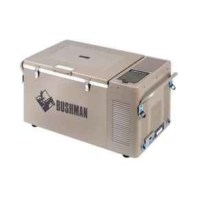 Bushman SC35 35L portable fridge freezer front right view with the lid closed and digital control panel visible.