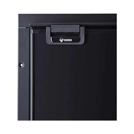 Bushman 50L black upright fridge close up of its door latch and the top edge of the mounting frame.