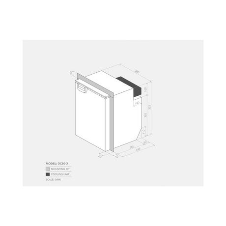 Bushman 50L upright fridge dimension drawing with mounting frame measurements and a shaded rear cooling unit.