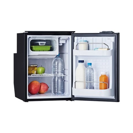 Bushman 50L black upright fridge with its door and freezer compartment open, revealing shelves and door racks.