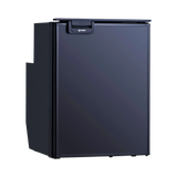 Bushman 50L black upright fridge front left view with the door closed and a stepped rear profile.