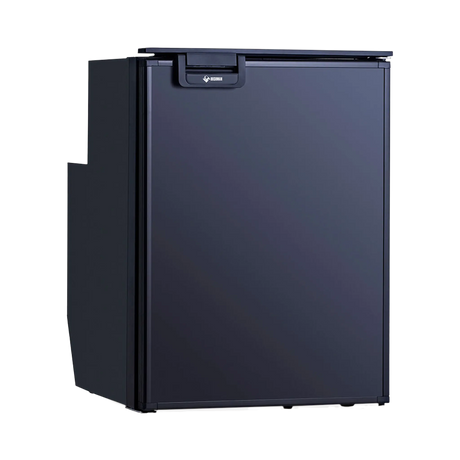 Bushman 50L black upright fridge front left view with the door closed and a stepped rear profile.