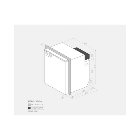 Bushman 65L DC65X fridge dimension drawing showing the mounting kit, cooling unit and measurements in millimetres.
