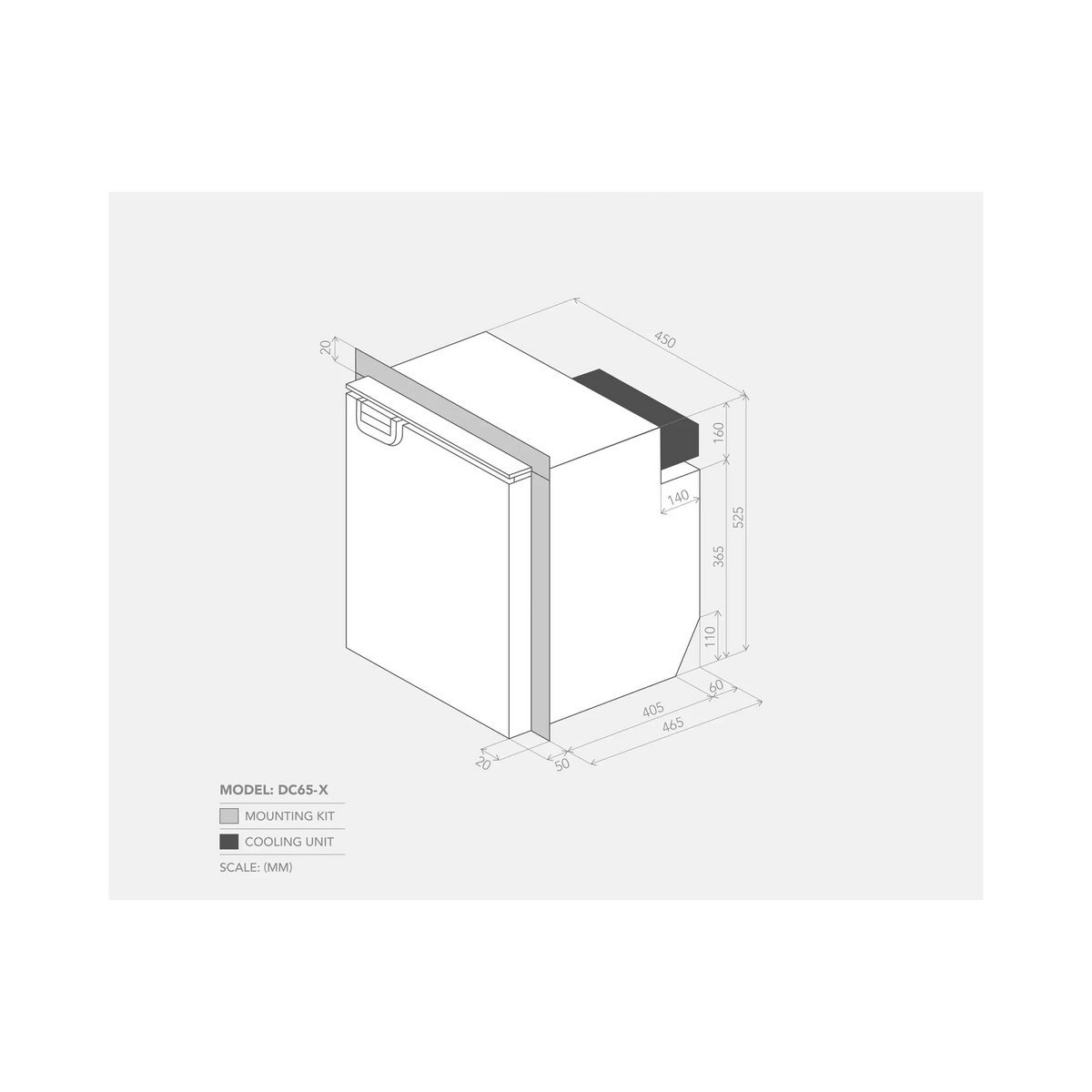 Bushman 65L fridge dimension drawing with the mounting kit and rear cooling unit marked.