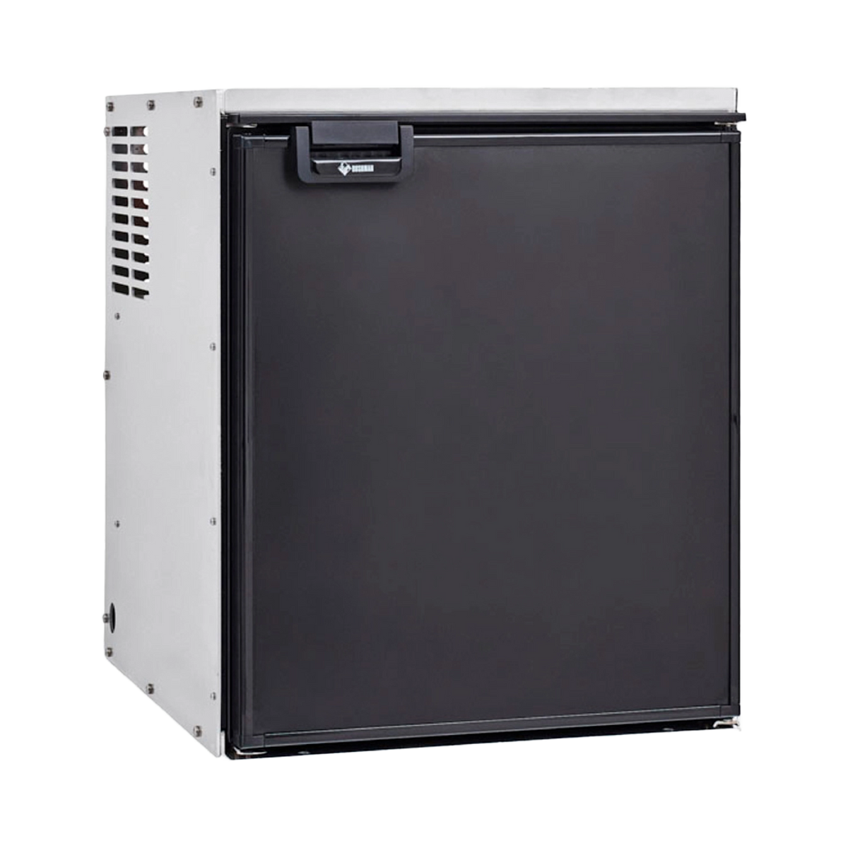 Bushman 65L aluminium fridge box front left view with a black fridge fitted and its door closed.