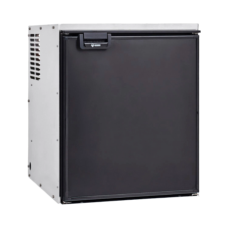 Bushman 65L aluminium fridge box front left view with a black fridge fitted and its door closed.