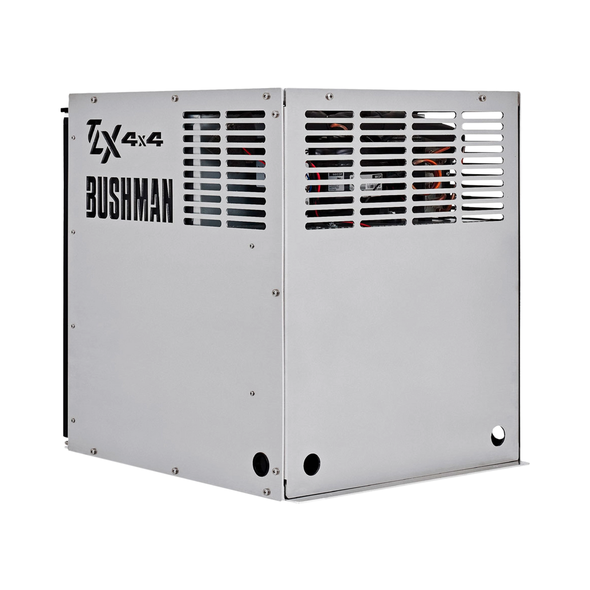 Bushman 65L aluminium fridge box rear corner view with logo cutouts, vented panels and cable holes.