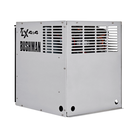Bushman 65L aluminium fridge box rear corner view with logo cutouts, vented panels and cable holes.