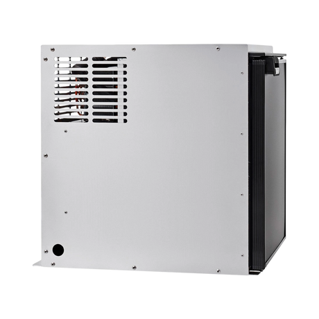 Bushman 65L aluminium fridge box left side view with ventilation slots and a circular cable opening.