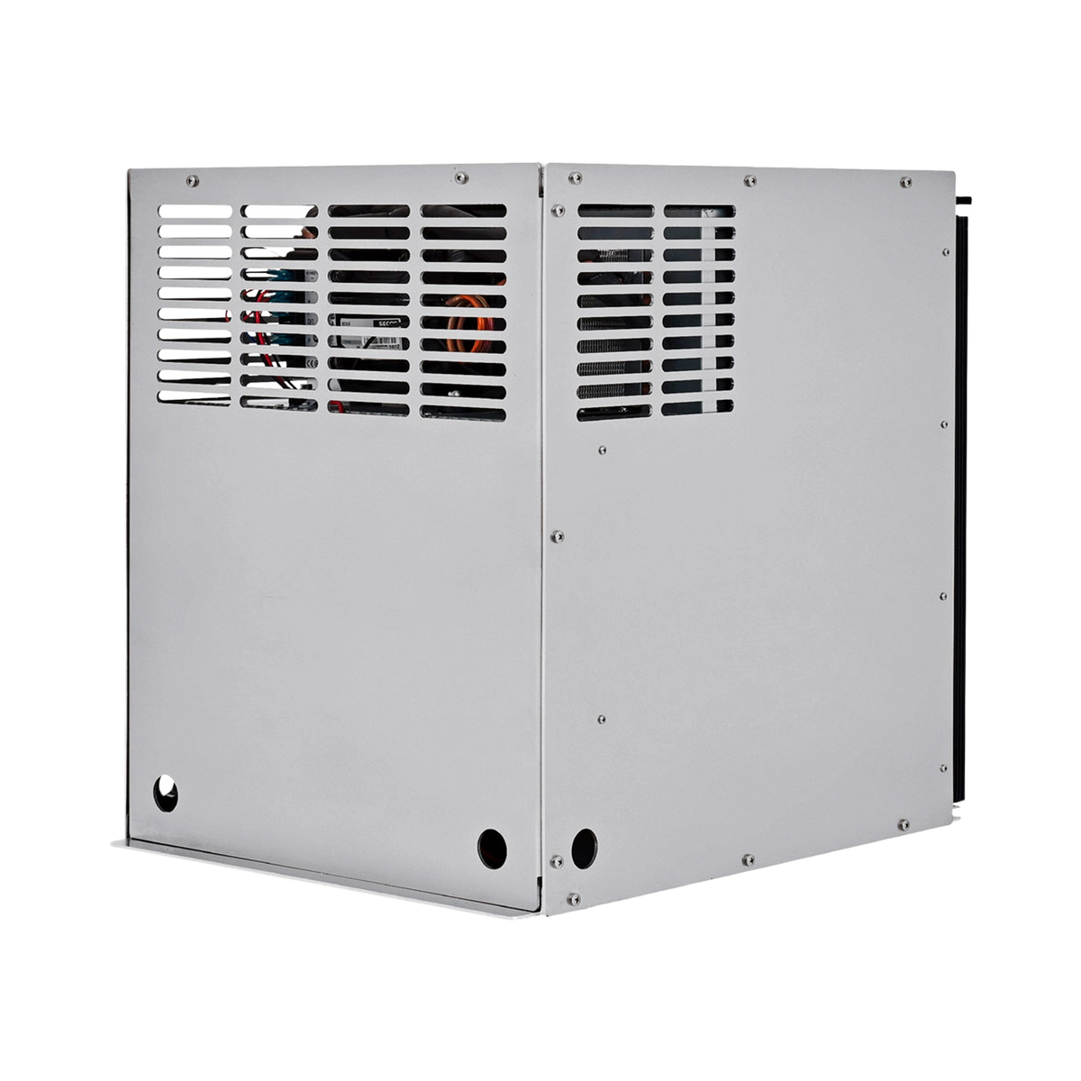 Bushman 65L aluminium fridge box rear angled view with vented back and side panels and cable openings.