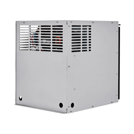 Bushman 65L aluminium fridge box rear angled view with vented back and side panels and cable openings.