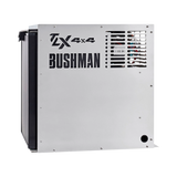 Bushman 65L aluminium fridge box right side view with vent slots and cutout logos beside a black fridge door.